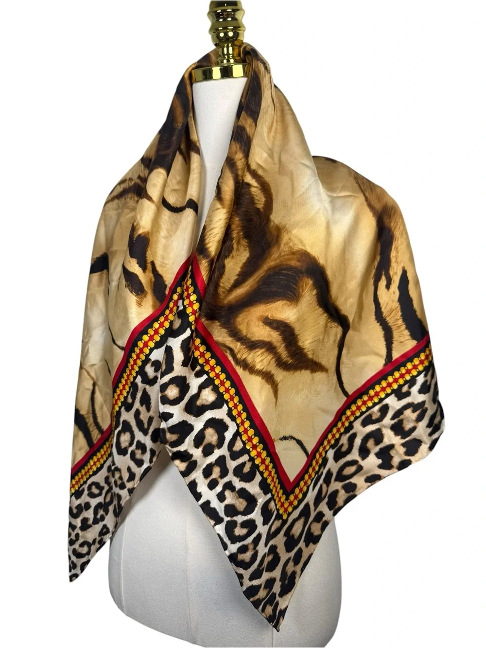 Chico’s Tiger Essence 100% Silk Square Scarf NWT Animal Print Chain Border 37.5”